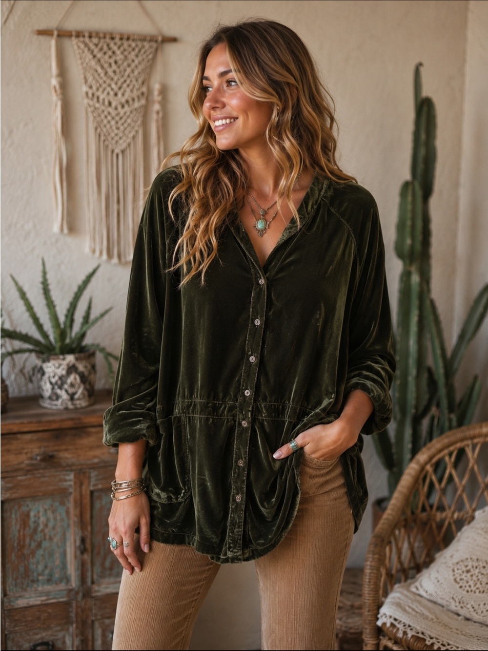Natural Life | Women's Boho Green Velvet Slouchy Button Down Shirt Size XS